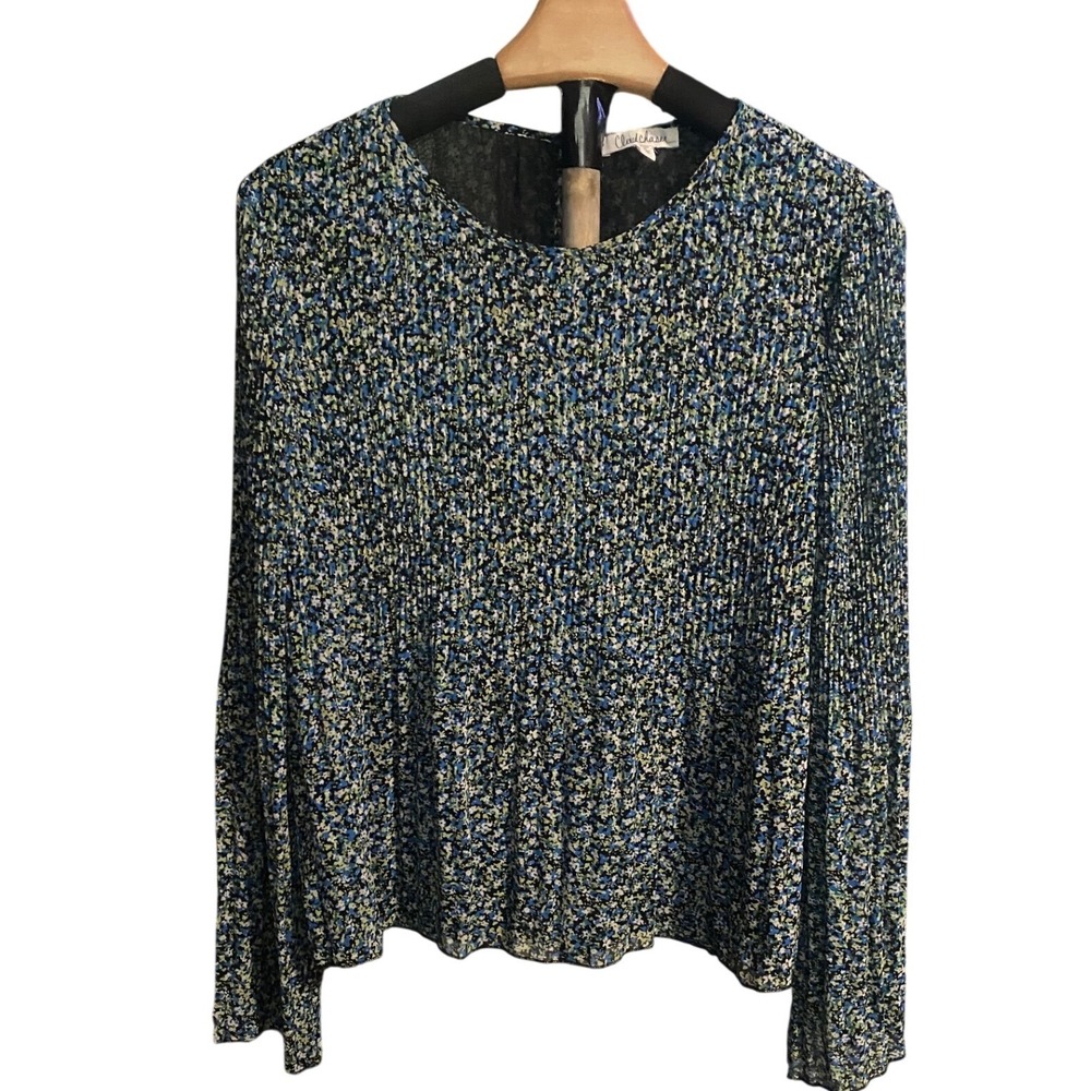 Cloudchaser‎ Womens Blue Green Floral Plisse Pleated Long Sleeve Blouse Size M